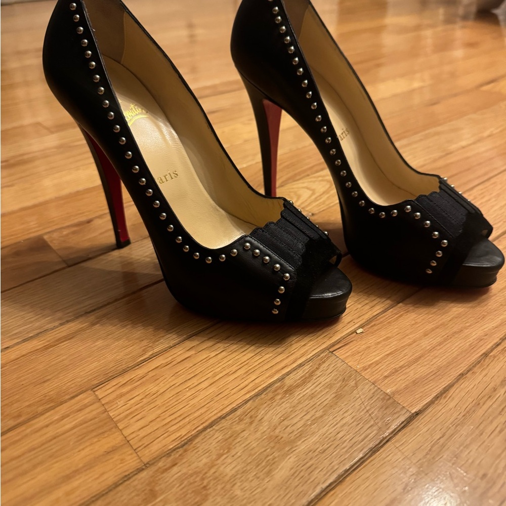 Christian Louboutin Black Studded Peep-Toe Pumps with Red Soles